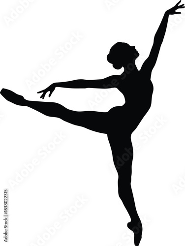  Elegant ballerina silhouette in graceful arabesque pose, black dancer figure, ballet performance vector art, dance posture illustration, minimal flat design
