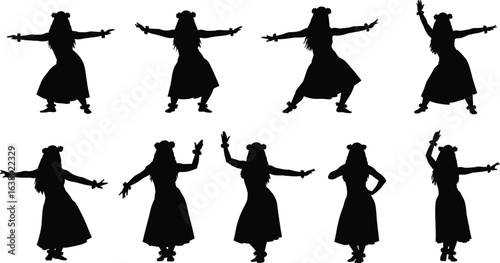 Hula dancer silhouette set in various poses, traditional Hawaiian dance illustration, black vector art for cultural designs