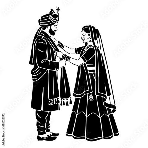 Minimal Hindu Wedding Bride Adjusting Groom Turban Vector Illustration