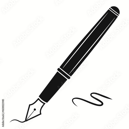 An isolated vector illustration of a sleek black metal fountain pen, a business tool for writing and signing
