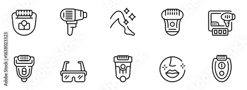 Modern Line Art Icons: Hair Removal Devices, Skincare Tools, and Beauty Treatments for Smooth Skin.