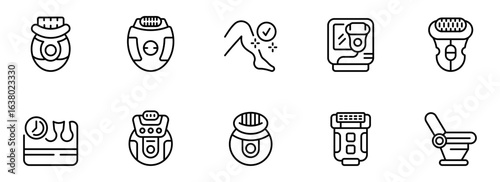 Collection of Modern Minimalist Line Art Icons: Electric Epilators, Hair Removal Devices, Smooth Skin, Beauty Technology, and Time-Saving Solutions for a Sleek and Efficient Personal Care Routine.