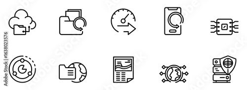Modern Data Transfer & Global Network Icons: Cloud Computing, Mobile Synchronization, Secure Server, Fast Processing, and File Sharing Illustrations in Minimalist Line Art Style.
