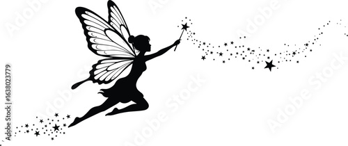 Silhouette fairy flying with magical wand and sparkling stars, fantasy illustration, mystical creature art, black and white vector design