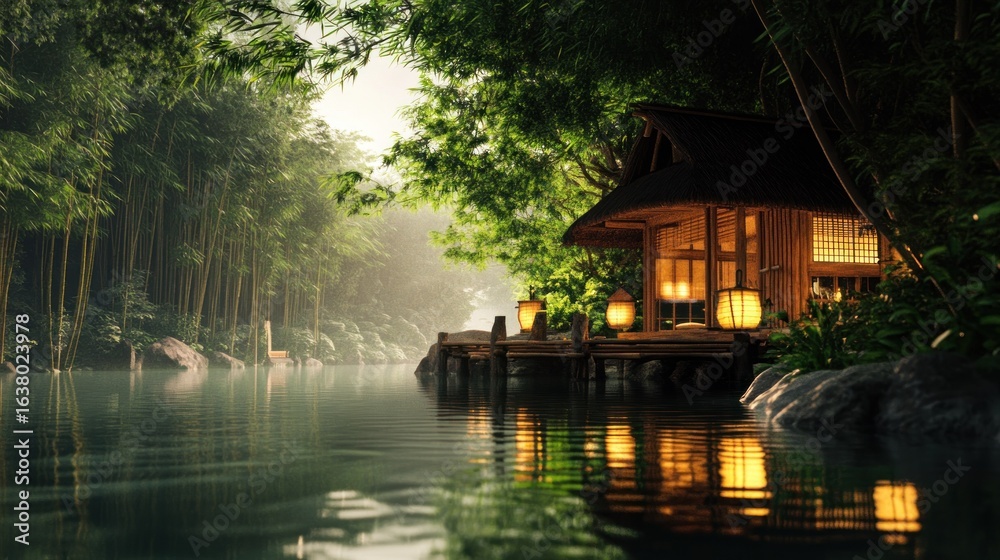 Obraz premium Peaceful wooden house by river in forest