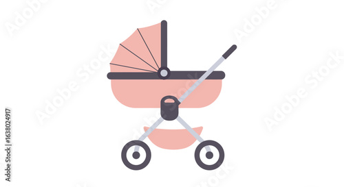 A modern pink baby stroller illustration. Simple flat vector icon of a pram for a newborn, isolated on a white background.