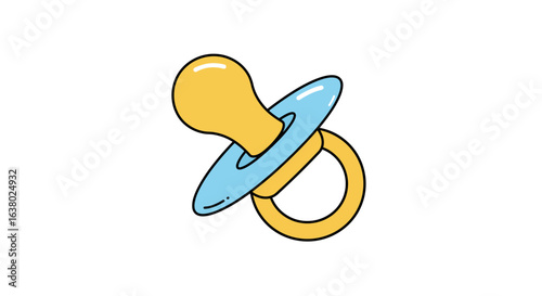 Cute cartoon baby pacifier icon. Blue and yellow soother illustration for newborn and infant care concepts, isolated on white background.