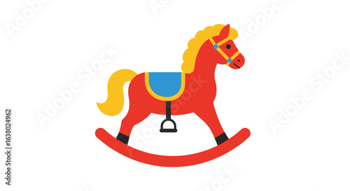 A classic red rocking horse, a beloved childhood toy. This flat design vector icon symbolizes play, nostalgia, and innocence.