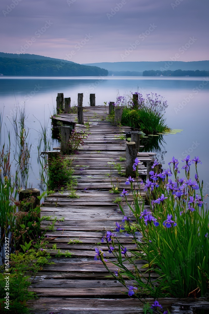 Fototapeta premium Serene Lakeside Scenery with Weathered Wooden Pathway