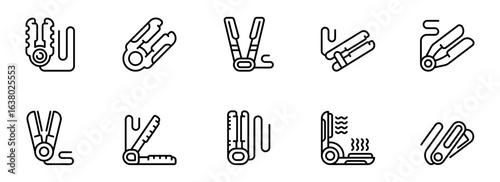 Collection of Modern Hair Straightener and Curling Iron Icons: Line Art Style, Minimalist Design, Clean and Simple Vector Graphics for Beauty and Hair Styling Websites, Apps, and Branding.