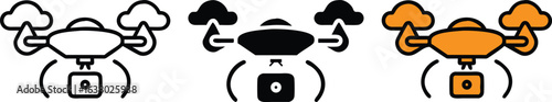 Drone Cloud Sync Camera Icon Set Quadcopter Upload Download Vector Black White Orange