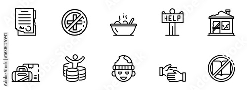 Ten Line Icons Depicting Humanitarian Crisis:  Poverty, Hunger, Displacement,  Lack of Healthcare,  Destruction,  Desperation,  Charity,  and Restricted Access to Education and Information.