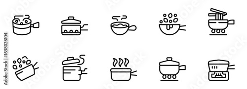 Collection of ten minimalist line art cooking pot and pan icons;  simple, modern, and clean design; perfect for culinary websites, apps, or recipe blogs.