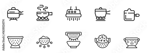 Collection of ten minimalist line art cooking icons: pots, pans, colanders, and kitchen utensils; simple, clean, and modern design; perfect for culinary websites, apps, and recipe books.
