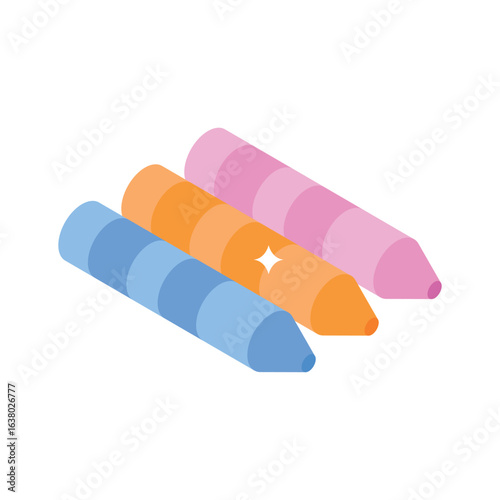 A modern isometric icon of colourful wax crayons