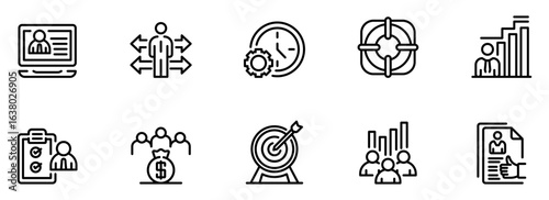 Modern Line Icons:  Human Resources, Teamwork, Time Management, Goal Setting, Business Growth, and Performance Metrics for Website or Presentation Design.