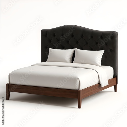 Elegant King Size Bed with Dark Velvet Tufted Headboard and Wooden Frame