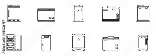 Collection of Minimalist Line Art Refrigerator and Freezer Icons: Modern, Clean, and Versatile Designs for Appliance Websites, Apps, and Marketing Materials.