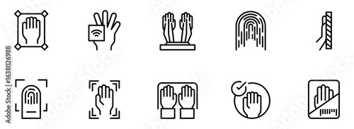 Collection of Modern Line Art Hand Icons: Biometric Scanning, Fingerprint Authentication, and Access Control Symbols for Security and Technology Designs.