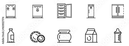Collection of Minimalist Line Art Icons: Refrigerator, Freezer, Food Storage Containers, Bottles, and Dishes; Clean, Modern Style;  Neutral Mood for Website or App Design.