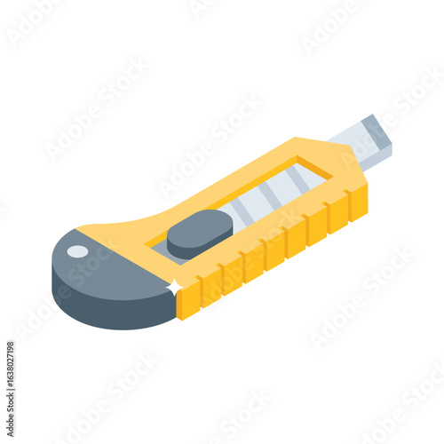 An editable isometric icon showing sharp paper cutter tool