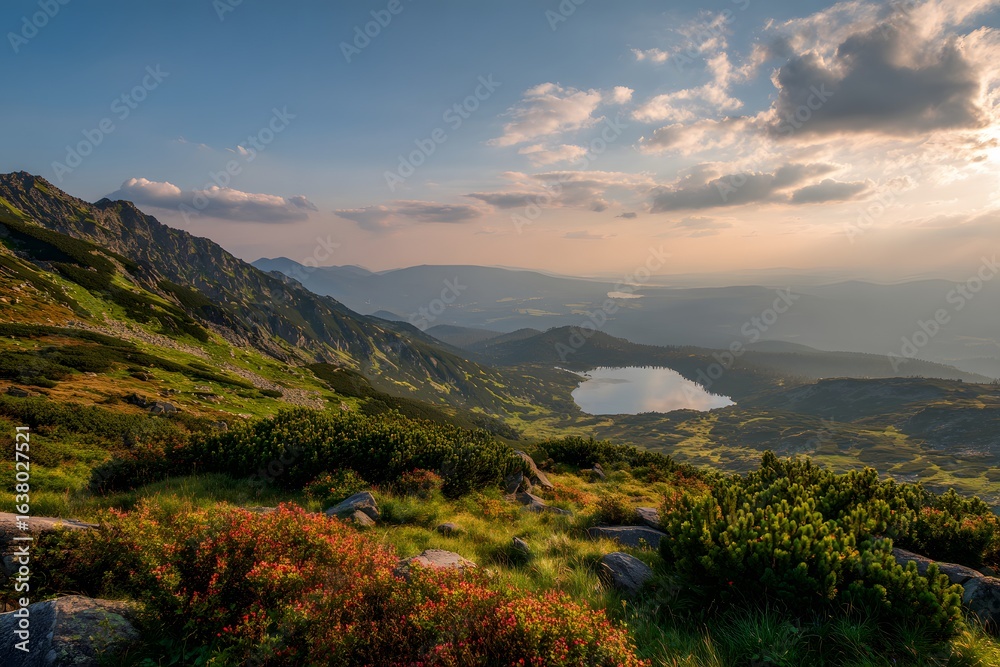 Fototapeta premium Serene Mountain Valley Under a Sunny Sky