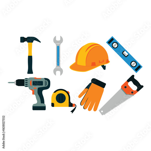 Construction tools and equipment on white background