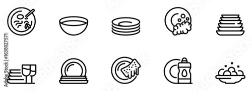 Clean Dishes and Utensils: Simple Line Icons for Website, App, or Print Design, Representing Washing, Stacking, and Cleanliness.