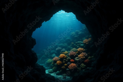 Wallpaper Mural Underwater coral reef vibrant, viewed from the silhouette of a dark sea cave Torontodigital.ca