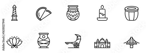 Collection of Ten Minimalist Line Art Icons: Indian Culture, Monuments, Food, and Religious Symbols;  Simple, Elegant Black and White Design; Perfect for Website, App, or Print.