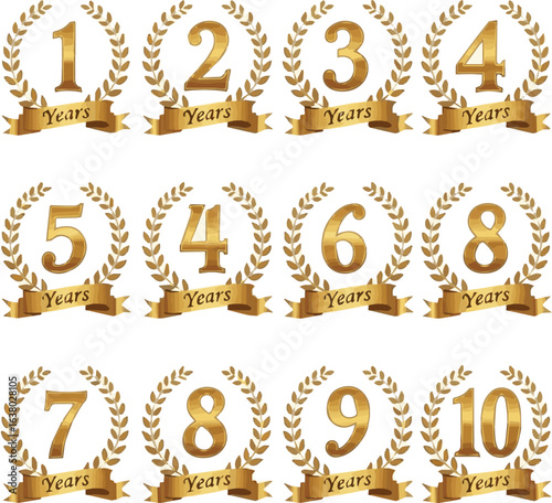 Create a kinds of deferent 1 , 2 , 3 ,4 ,5, 6, 7, 8, 9, 10 years anniversary love icon vector. Number in golden laurel wreath and ribbon symbol vector art with white background.