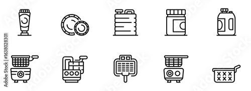 Clean Minimal Line Icons:  Household Products, Food Preparation, Containers, and Utensils;  Modern, Simple, and Organized Graphic Design Elements for Website or App.