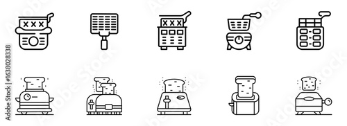 Collection of Modern Minimalist Line Art Kitchen Appliance Icons: Toasters, Fryers, and Grills; Perfect for Website, App, or Cookbook Design.