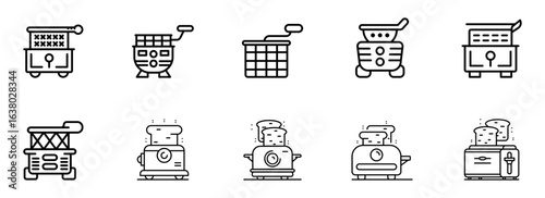 Collection of Modern Line Art Kitchen Appliance Icons: Toasters, Fryers, and More – Minimalist Black and White Design for Website or App.