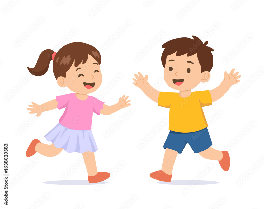 Cartoon Boy and Girl Running Joyfully, Childhood Best Friends, Happy Kids Illustration. A cheerful cartoon illustration of a boy and girl jumping for joy, perfect for children's designs. Cartoon Boy and Girl Running Joyfully, Childhood Best Friends, Happy Kids Illustration. A cheerful cartoon illustration of a boy and girl jumping for joy, perfect for children's designs.