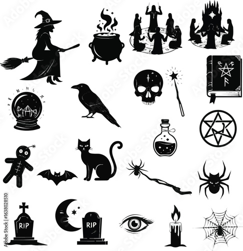 Create a kinds of deferent Black magic icon set. Containing witch, dark ritual and spell icon. vector art silhouette with white background.