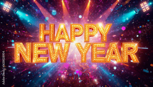 Scritta Happy New Year sullo sfondo scintillante con luci e colori di una festa di capodanno in discoteca