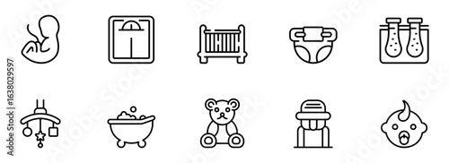 Ten Simple Line Icons: Baby Development, Growth, and Care –  Modern Minimalist Vector Graphics for Websites and Apps.