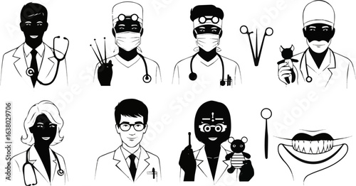 Create a kinds of deferent people doctor, business, businessman, person, boy, fashion, silhouette, symbol, suit, woman, drawing, character, shirt, vector art with white background.