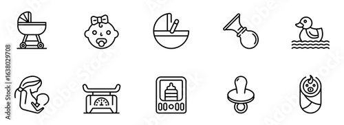 Modern Line Art Baby Icons:  Stroller, Baby Girl, Bassinet, Breast Pump, Rubber Duck,  Nursing Mother, Baby Scale, Baby Bottle Monitor, Pacifier, and Swaddled Infant.