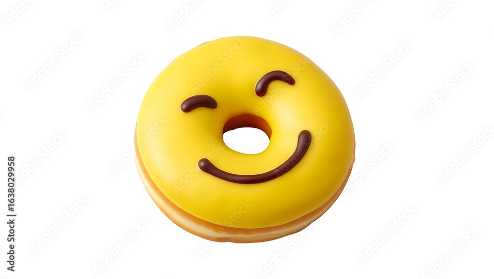 Fototapeta premium Cheerful Yellow Donut with Chocolate Smile Isolated on White Background