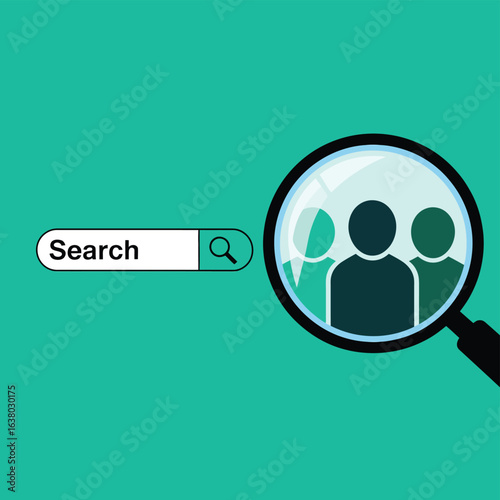 Magnifying glass over people icons in search bar representing online searching for people