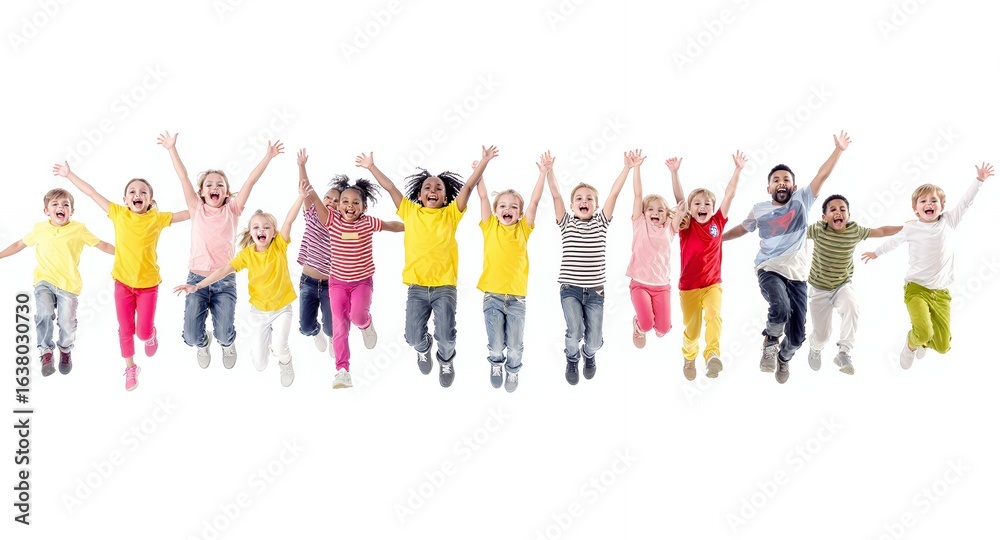 Obraz premium Happy Children Jumping with Joy on White Background