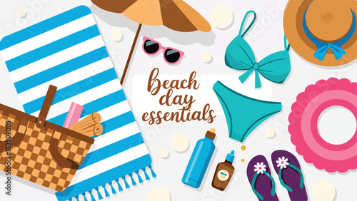 Flat lay of beach day essentials on a sandy background, including a blue and white striped towel, picnic basket, turquoise bikini, straw hat, sunglasses, sunblock, sandals, and an inflatable ring for 