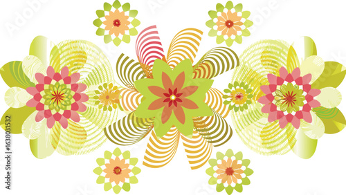 Illustration of a floral arrangement with stylized flowers and swirling patterns in green and pink hues