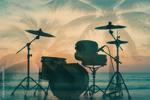 Drum kit silhouette on a tropical beach at sunset with palms and waves, dreamy double exposure background with copy space.