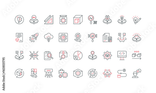 Product development, concept research and market analysis, roadmap line icon set. Product manager team support, data collection and description thin black and red outline symbols vector illustration