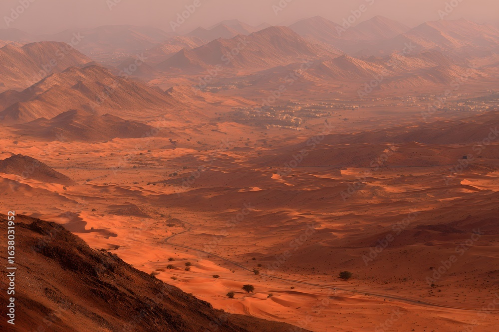 Naklejka premium Vast Crimson Landscape Under Muted Dusty Sky