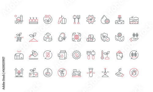 Organic and regenerative sustainable farming, agriculture and plant cultivation line icon set. Bio natural and healthy food production, greenhouse thin black and red outline symbol vector illustration