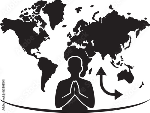Global Connection Silhouette with Arrows and World Map for International Outreach Design